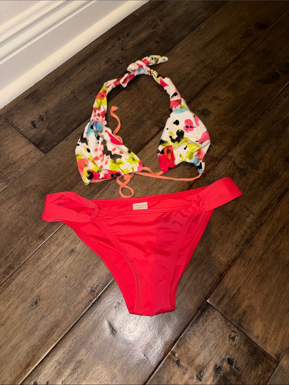 L Space Two-Piece Bikini Set - Neon Pink Bottom & Floral Tie-Front Top